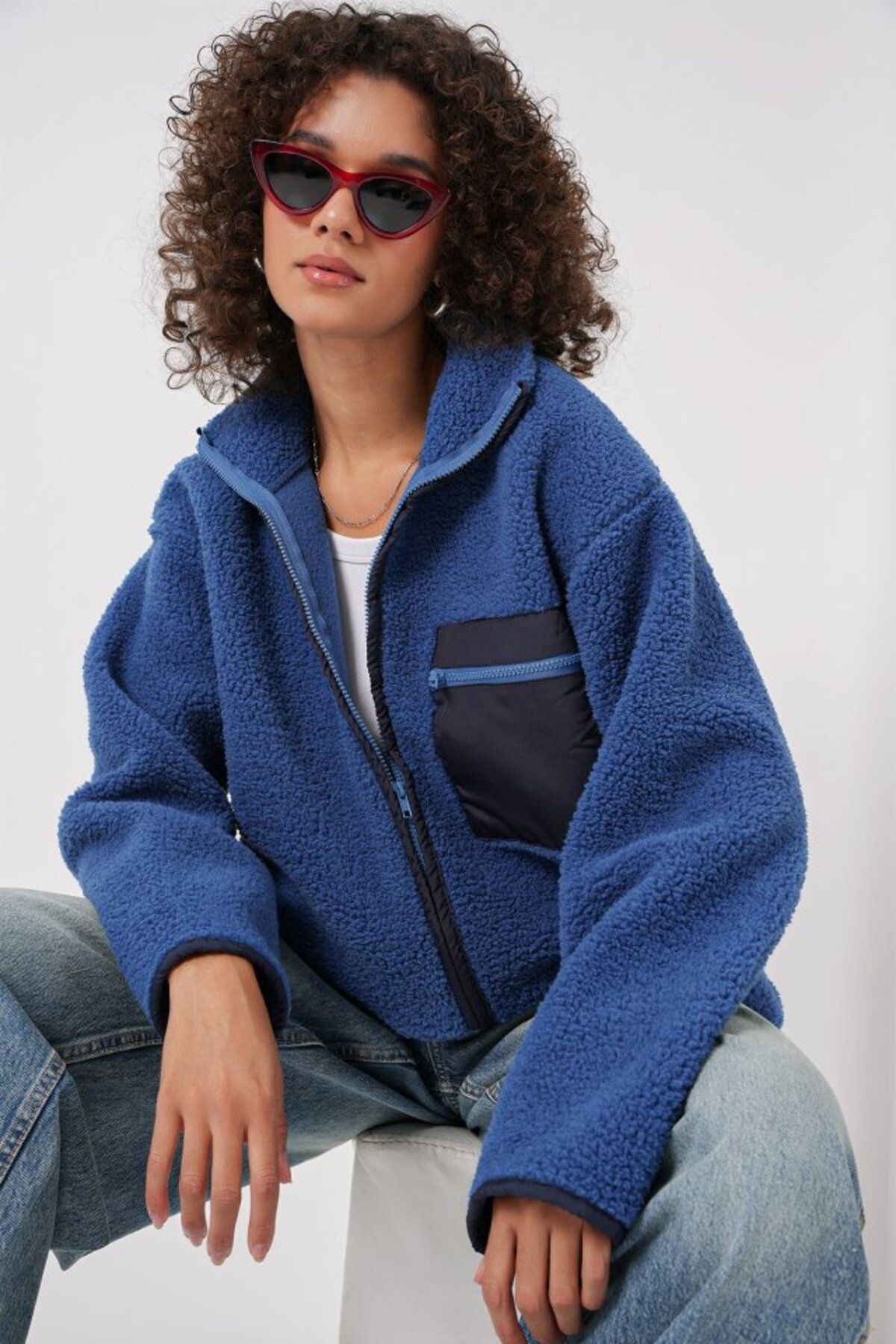 novafems 55446 Fermuarlı Oversize Peluş Ceket - Saks