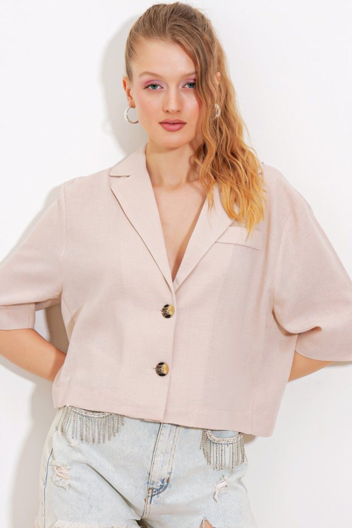 novafems Krem Çift Düğmeli Oversize Crop Keten Ceket