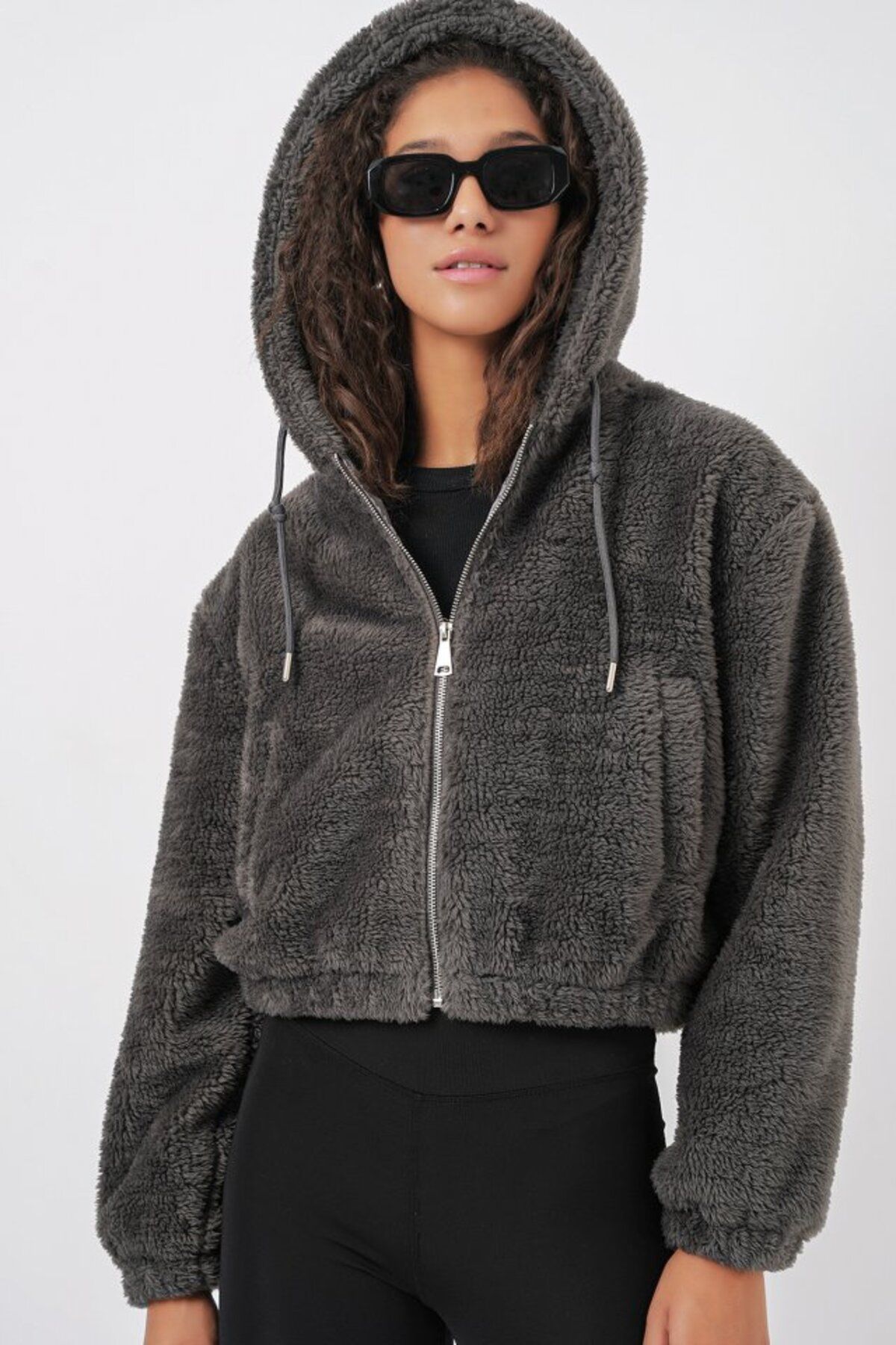 novafems 5193 Kapüşonlu Peluş Crop Ceket - Antrasit