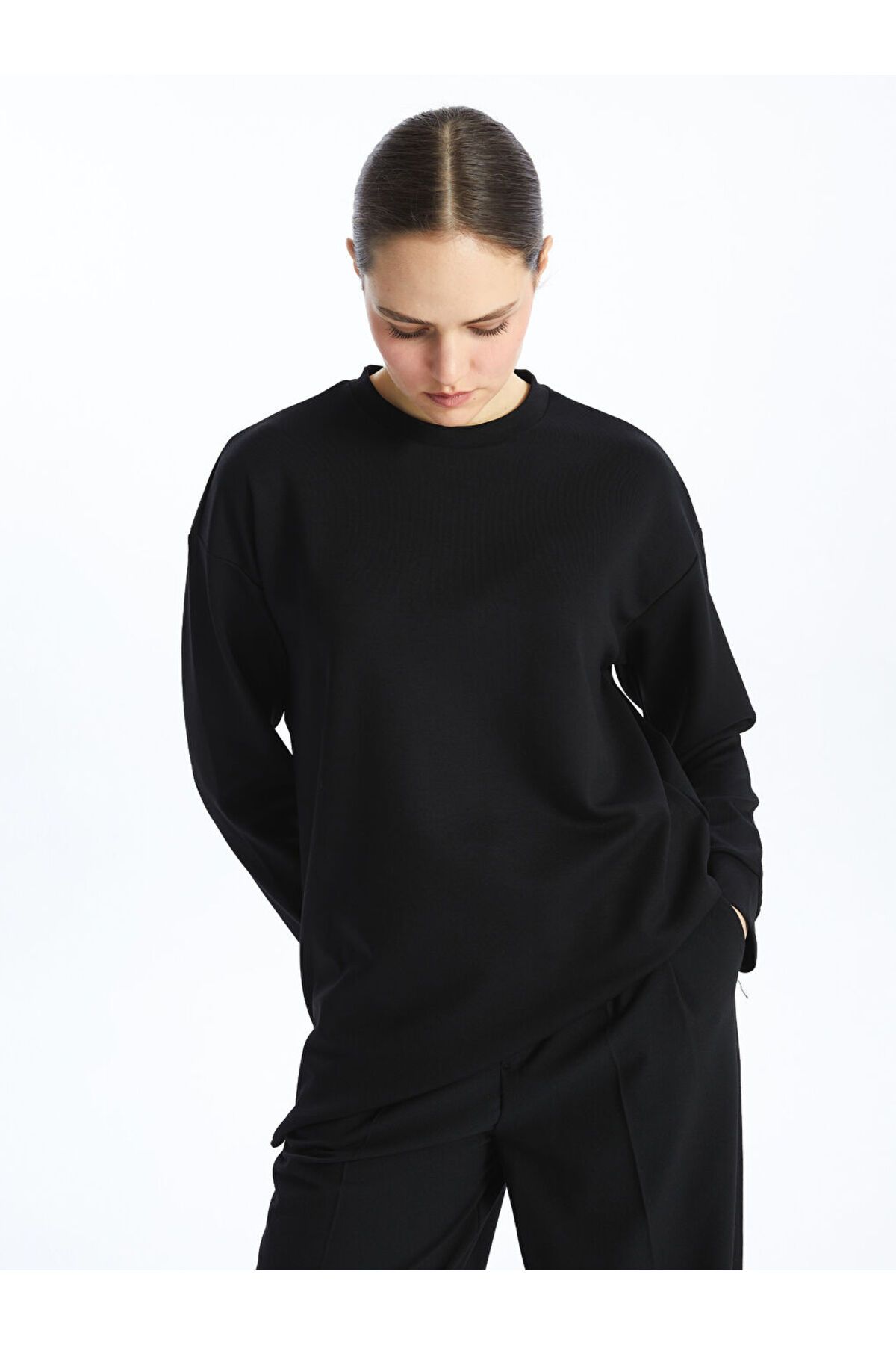 LC Waikiki Bisiklet Yaka Düz Oversize Kadın Sweatshirt Tunik