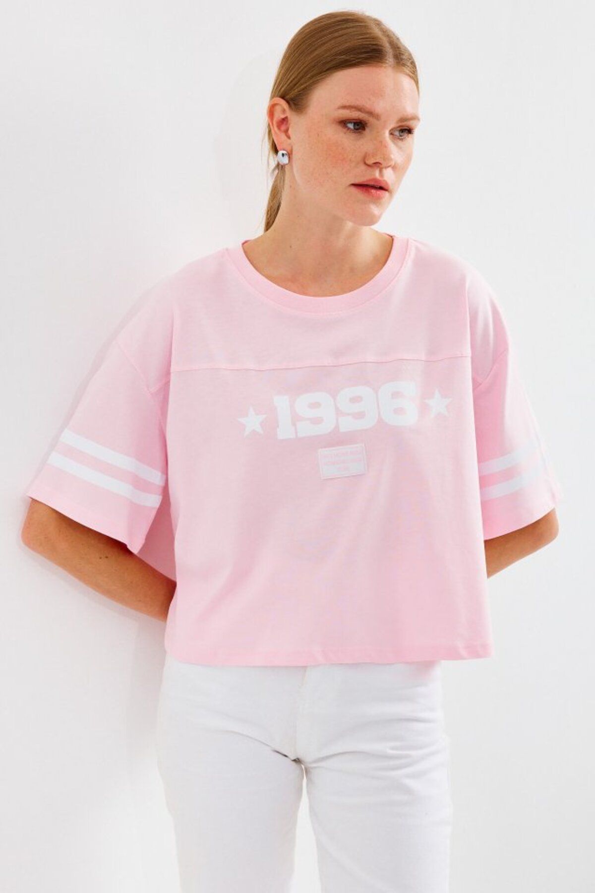 novafems 4322 Baskılı Oversize Basic Tişört - Pembe