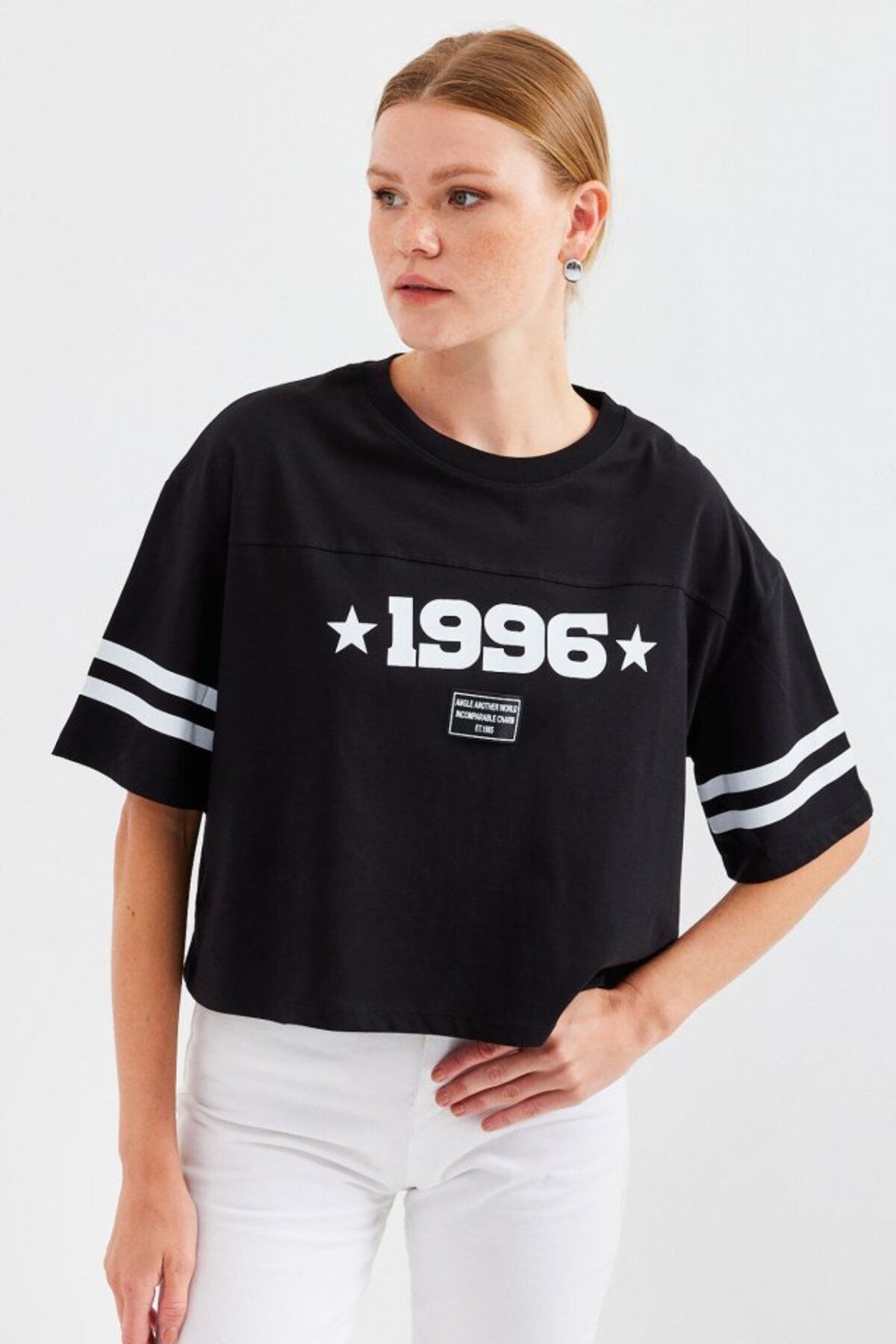 novafems 4322 Baskılı Oversize Basic Tişört - Siyah