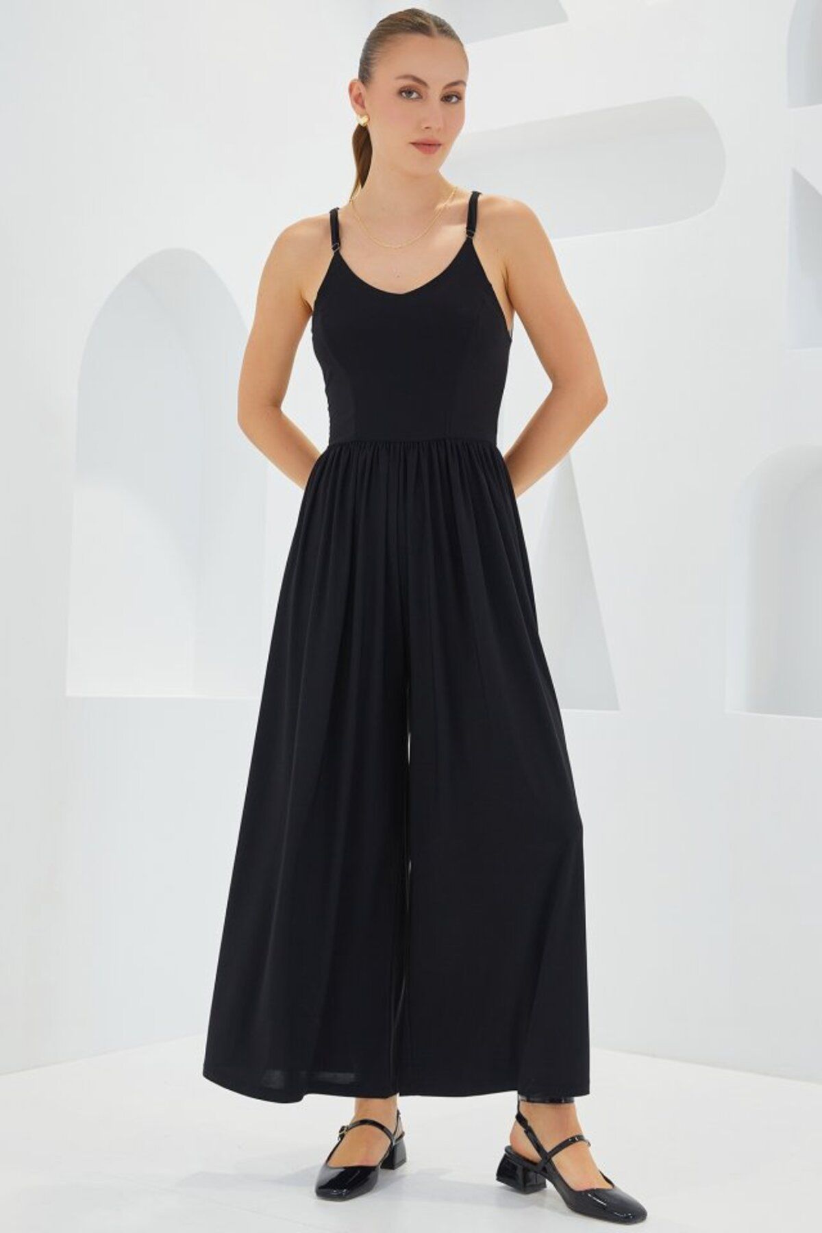 Meleners 7029 Bol Paça Askılı Tulum - Siyah