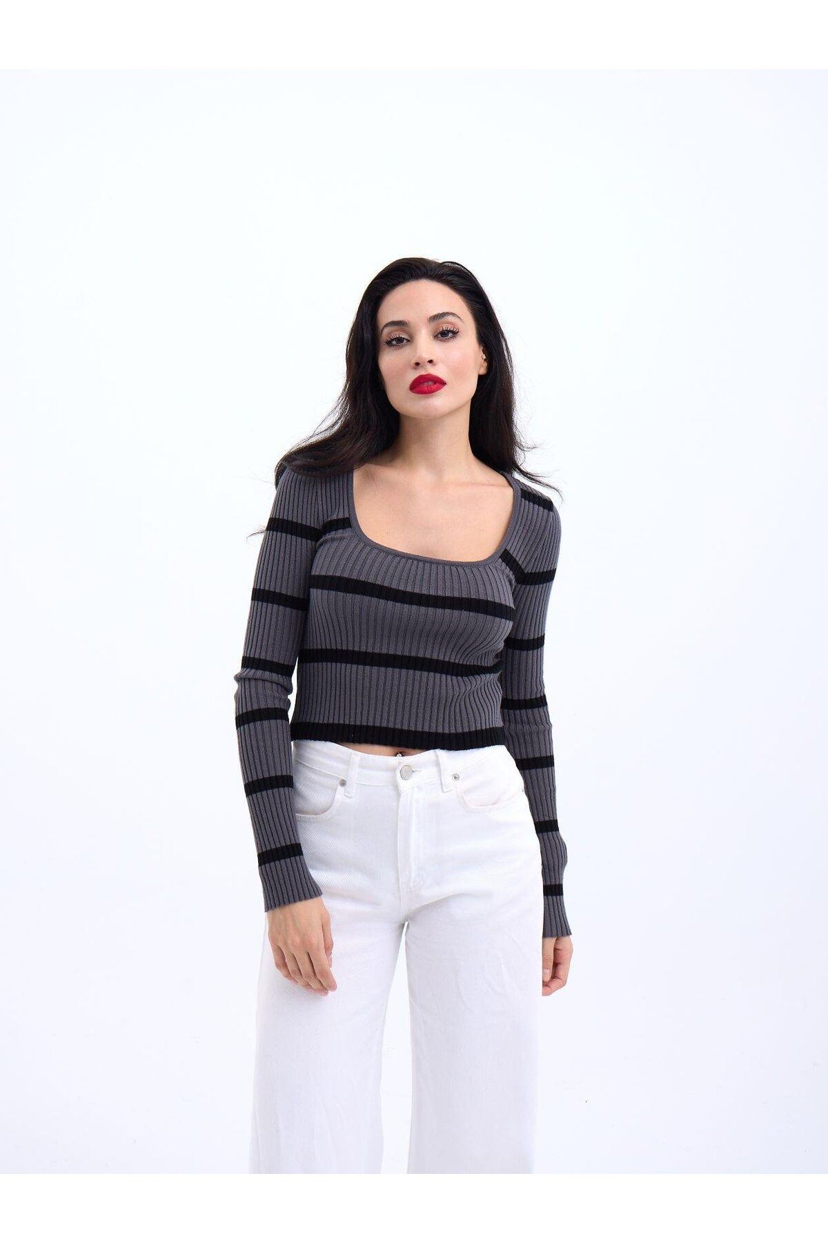 Meleners 42221 TRİKO ÇİZGİLİ FİTİLLİ CROP-ANTRASİT-SİYAH