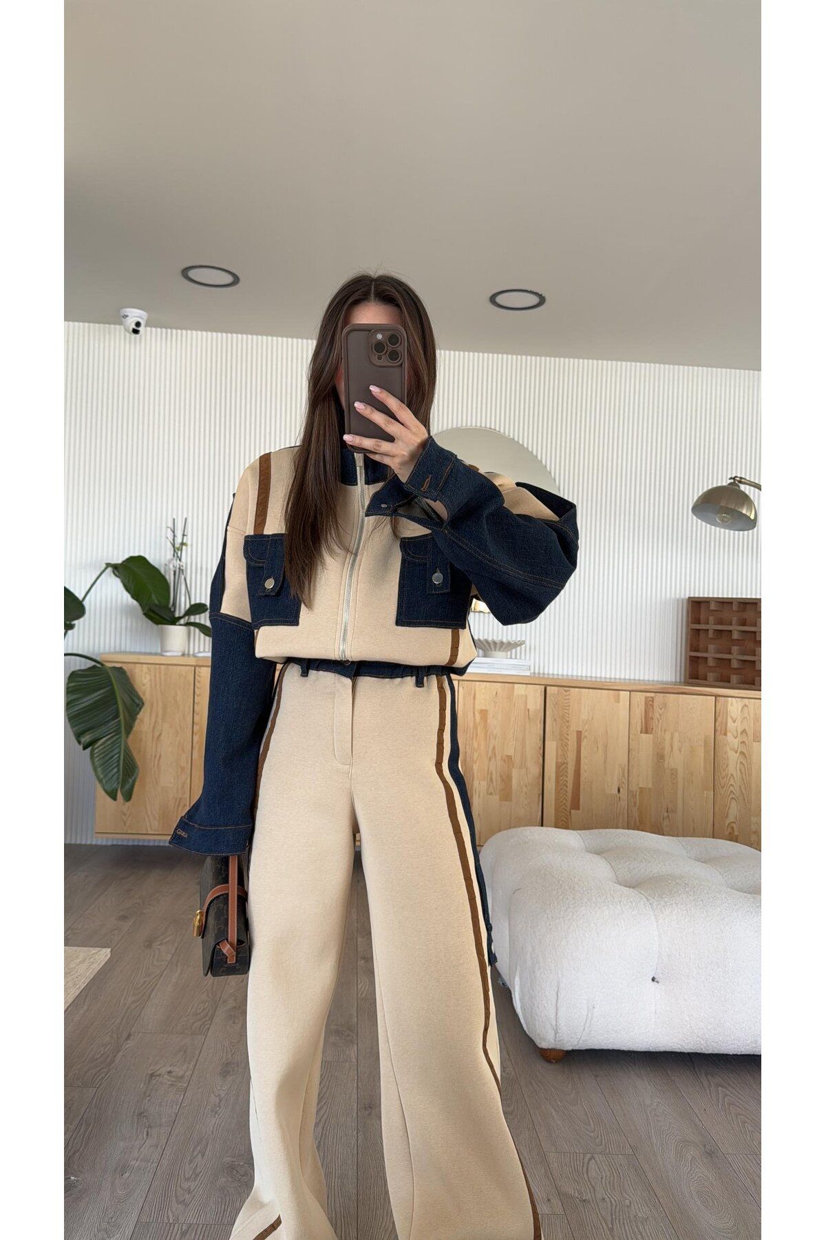 FMN Collection-Design Striped Denim Blended Bomber Jacket High Waist Pants Equivalent Pinterest Casual Two-Piece Suit 4