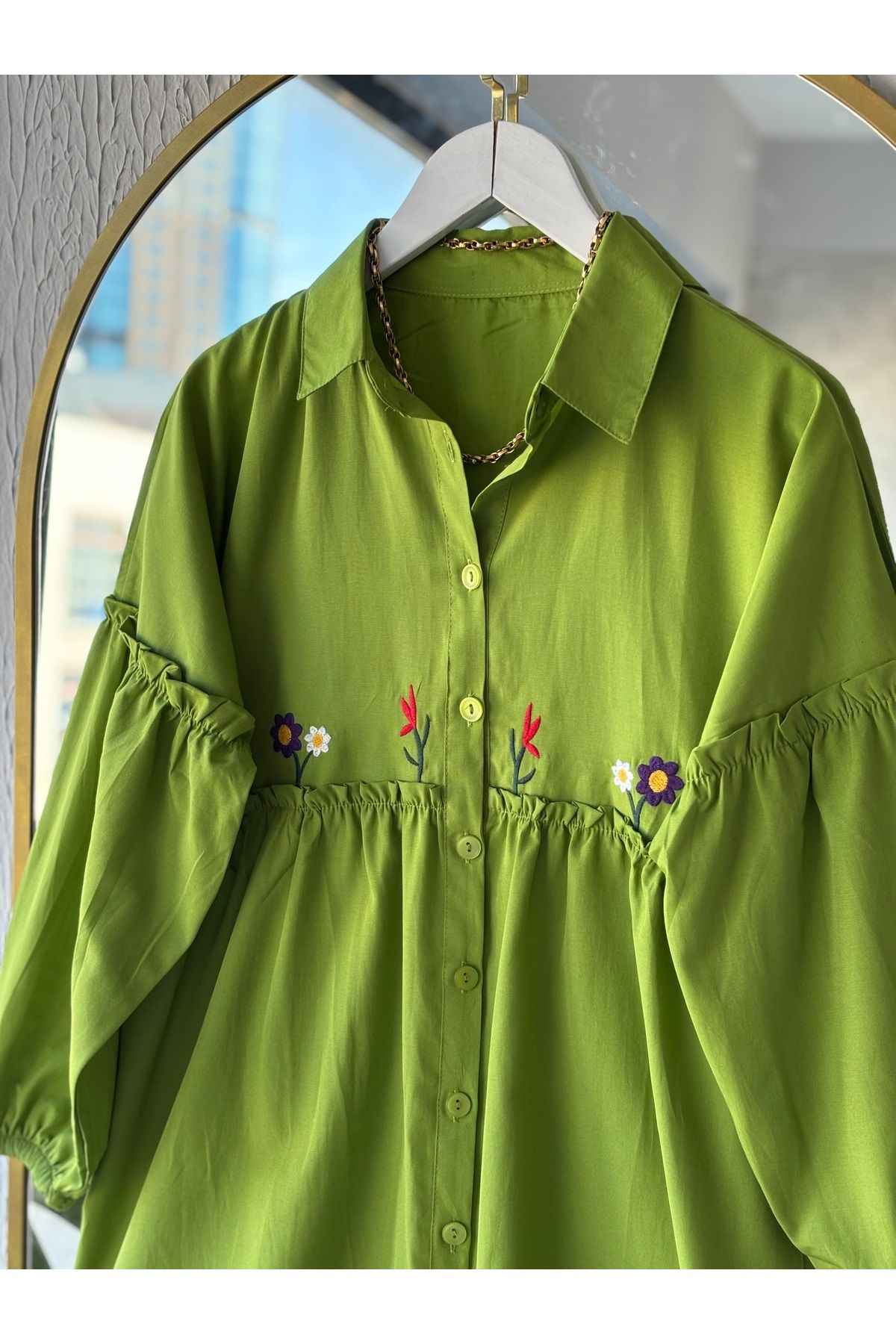 Butik-Yışi Poplin Shirt, Oil Green Embroidered 2