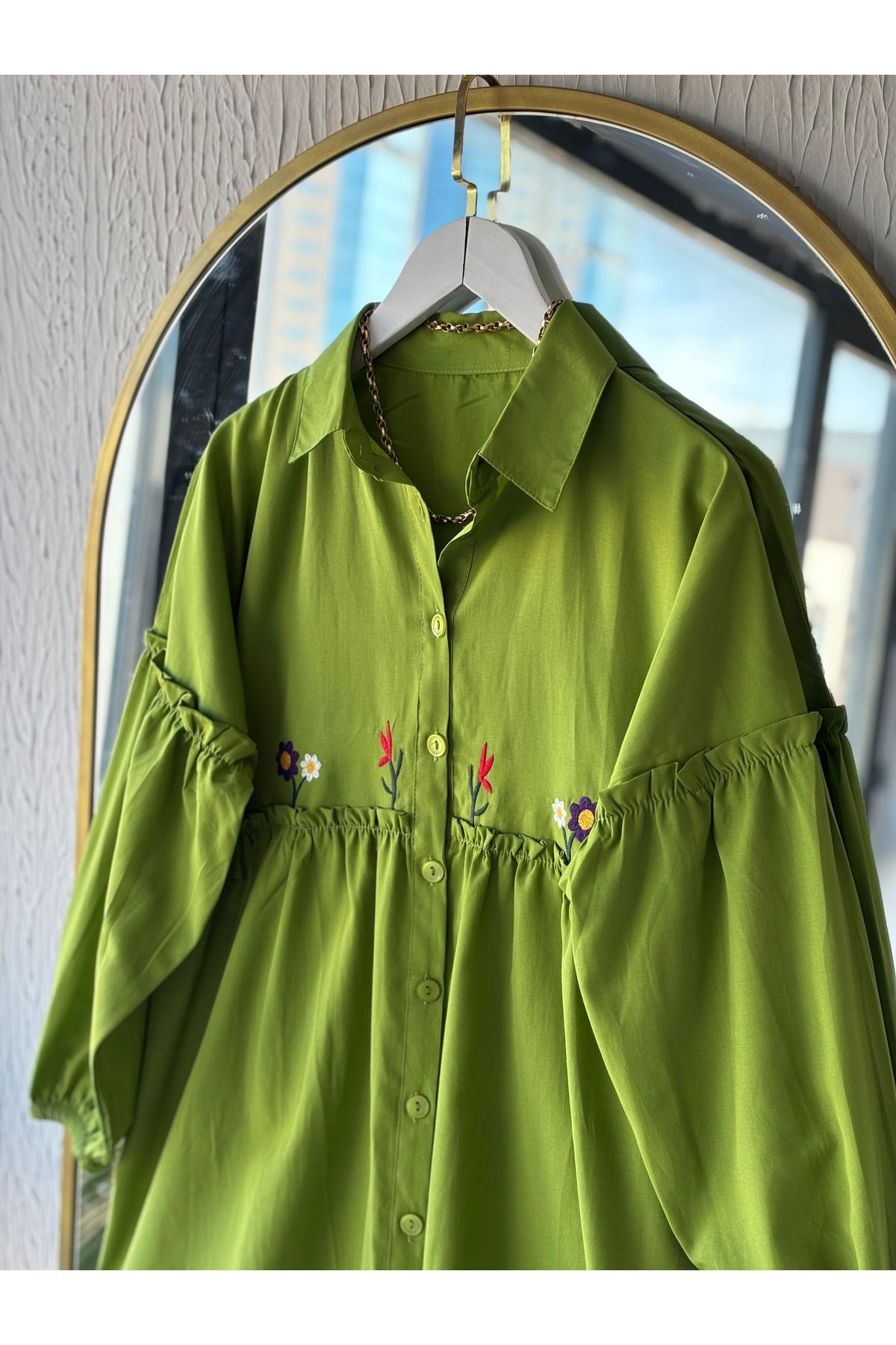 Butik-Yışi Poplin Shirt, Oil Green Embroidered 4