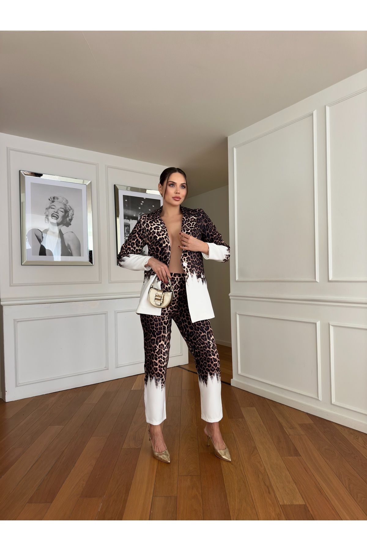 1Moda1Tarz-Women's Imported Fabric Leopard Pattern Button Detail Elastic Waist Lined Special Design Top-Bottom Set 5