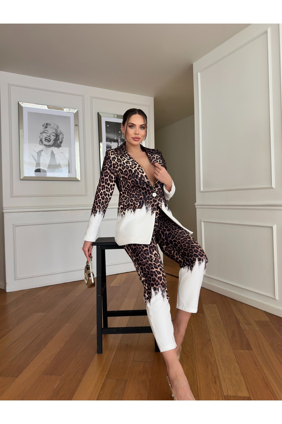 1Moda1Tarz-Women's Imported Fabric Leopard Pattern Button Detail Elastic Waist Lined Special Design Top-Bottom Set 7