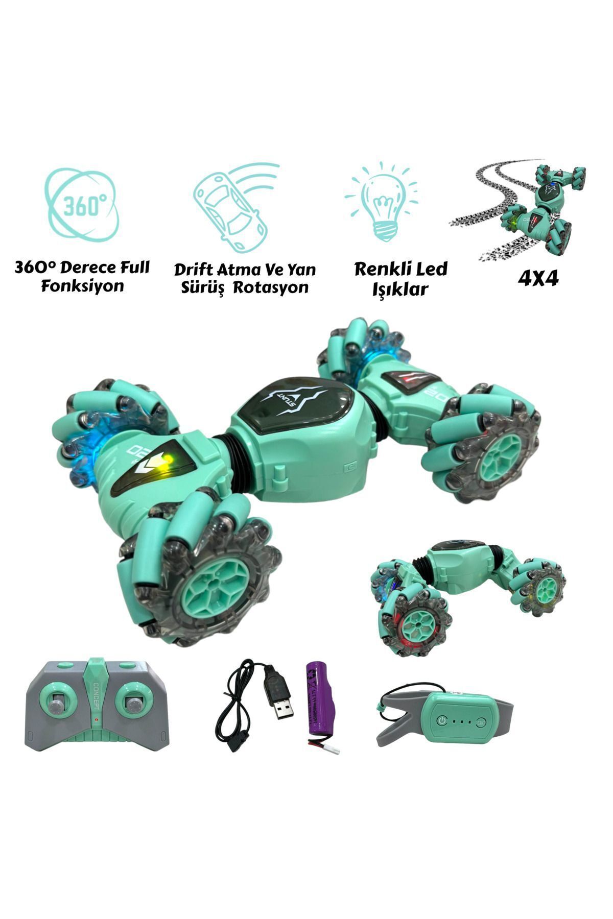 VARDEM OYUNCAK 2.4 GHz Bilekten Kontrol ve Uzaktan Kumandalı Işıklı 4X4 Çift Kumandalı Drift Atan Akrobat Araba