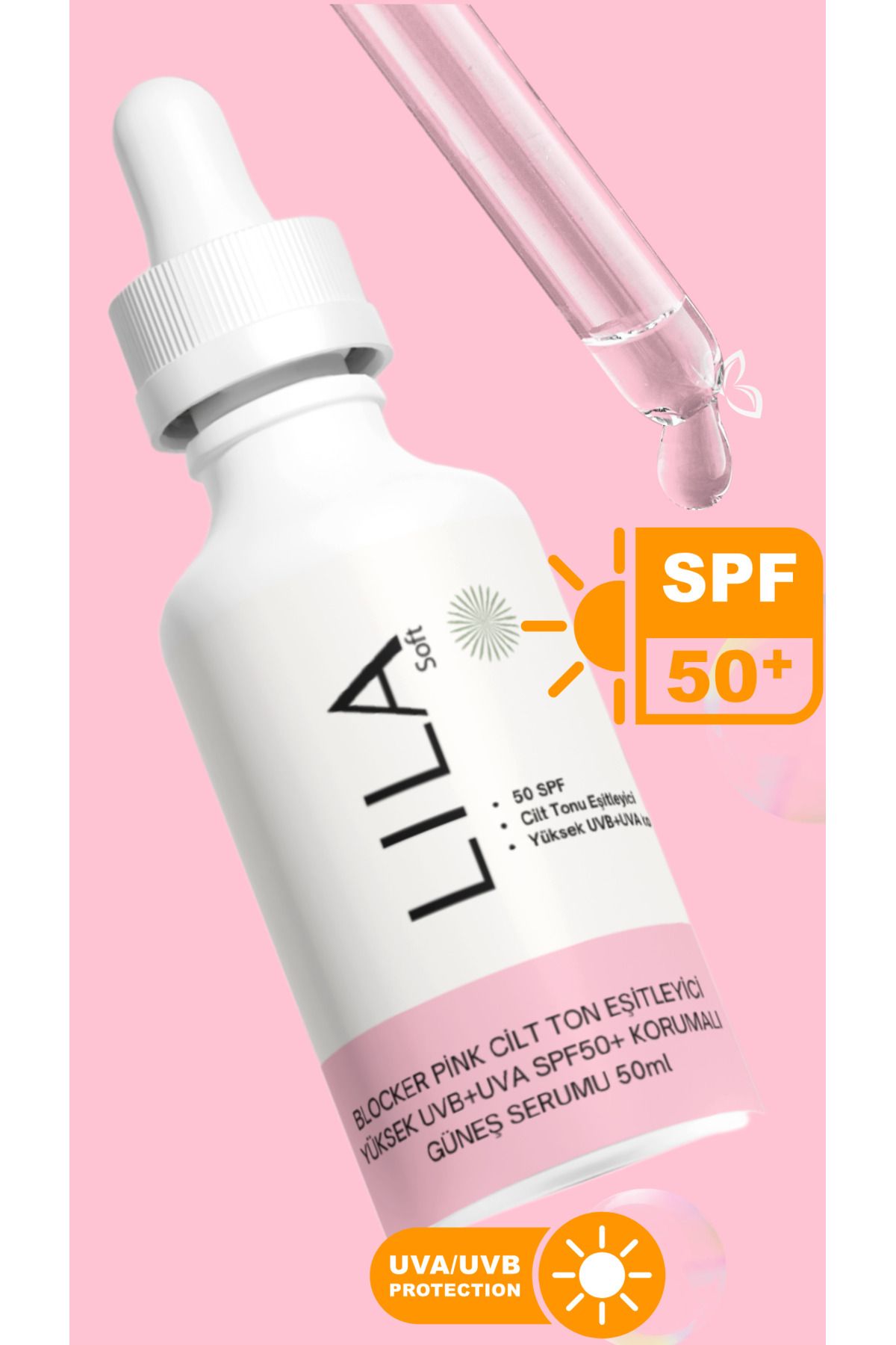 Lila Soft cilt Ton Eşitleyici Yüksek UVB+UVA SPF50+ Korumalı Güneş Serumu