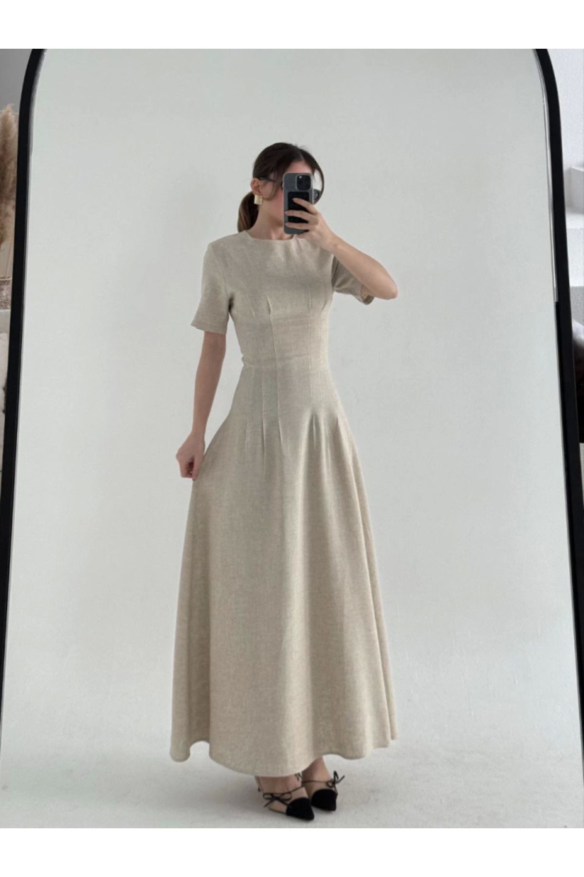 nedo7-Beige Short Sleeve Long Dress 3