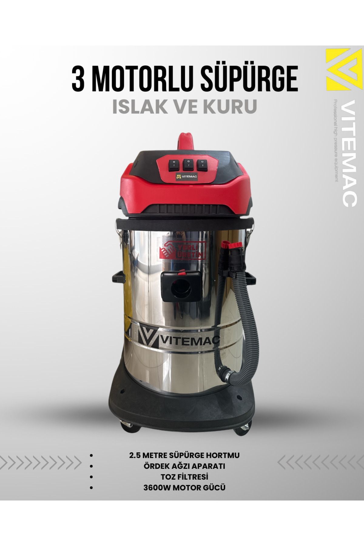 VİTEMAC VITEMAC 3 MOTORLU ISLAK KURU SÜPÜRGE ENDÜSTRİYEL OTO YIKAMA VE KOLTUK YIKAMA SÜPÜRGESİ