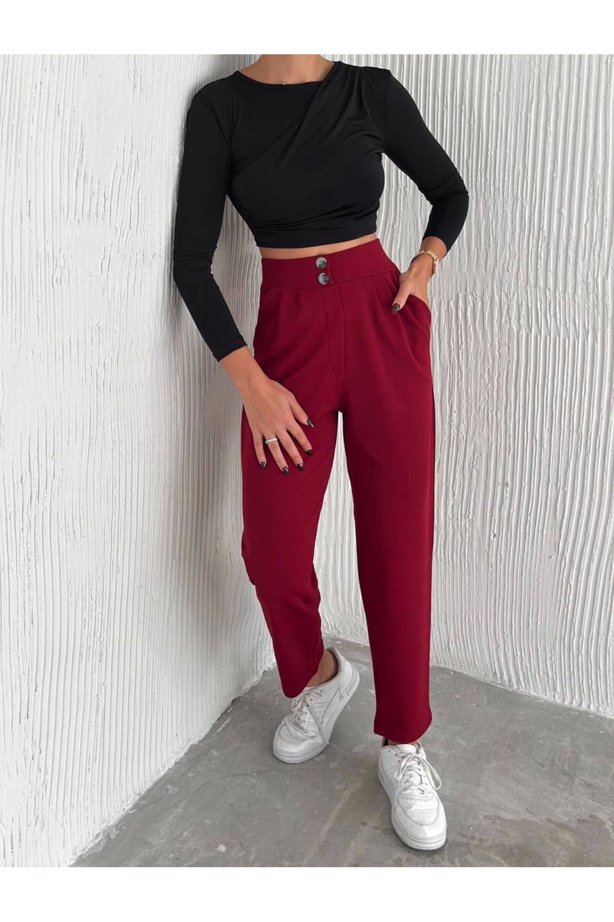 THEFOF Bordo yüksek bel rahat kumaş baggy kadın krep pantolon casual