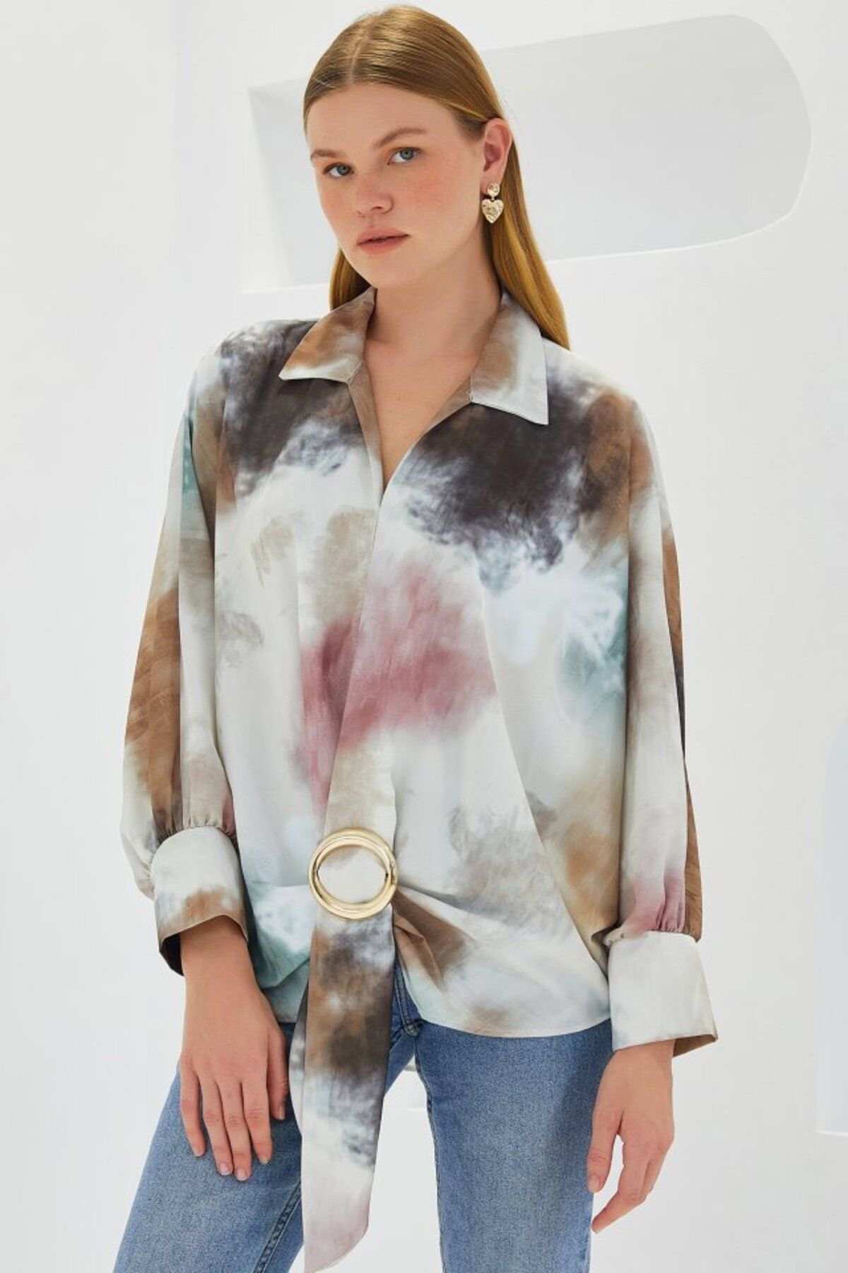 MHT STORE Hardal Ekru Oversize Dökümlü Saten Gömlek 907