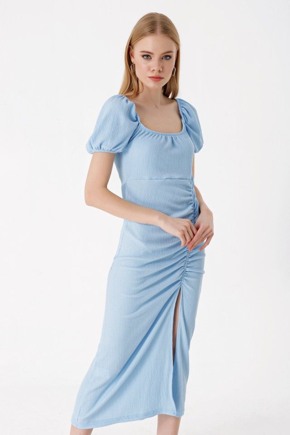 moda wanilia 2396 Yırtmaçlı Yazlık Örme Elbise - Mavi