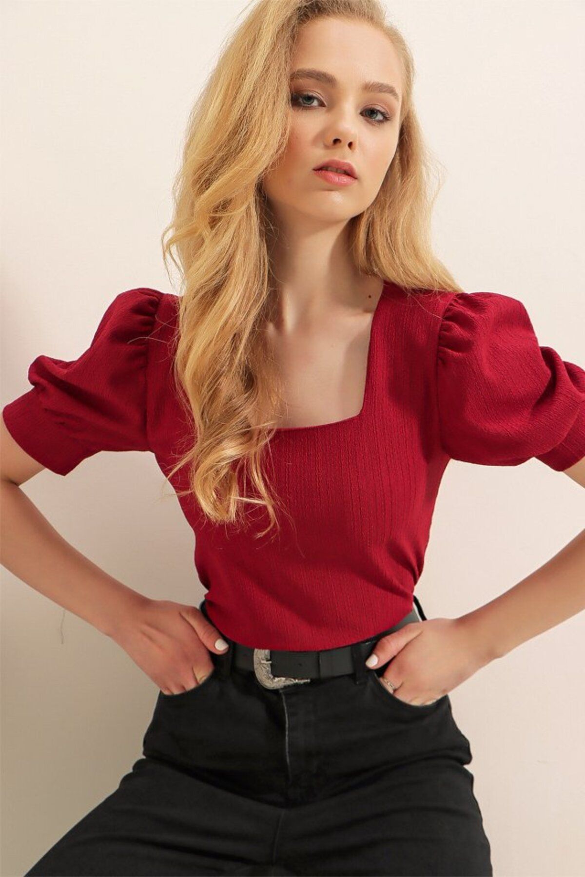 Moka Shopin-Mokashopin 0409 Square Neck Knitted Blouse - Claret Red 3