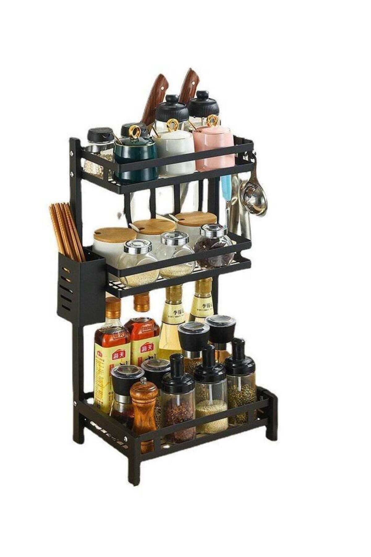 COOYA-Spice Rack Shelf Kitchen Organizer 3-Tier, Large Metal Standing Seasoning Jar with Hooks 1