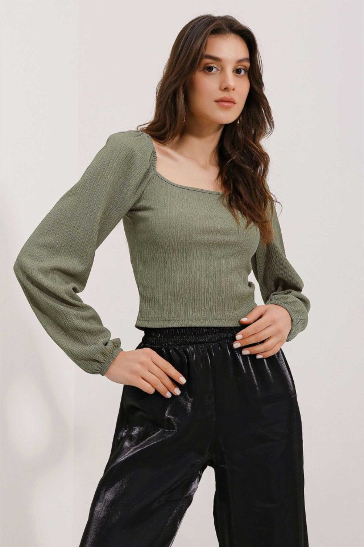 Gökyüzü Moda 0465 Balon Kollu Örme Bluz - Çağla