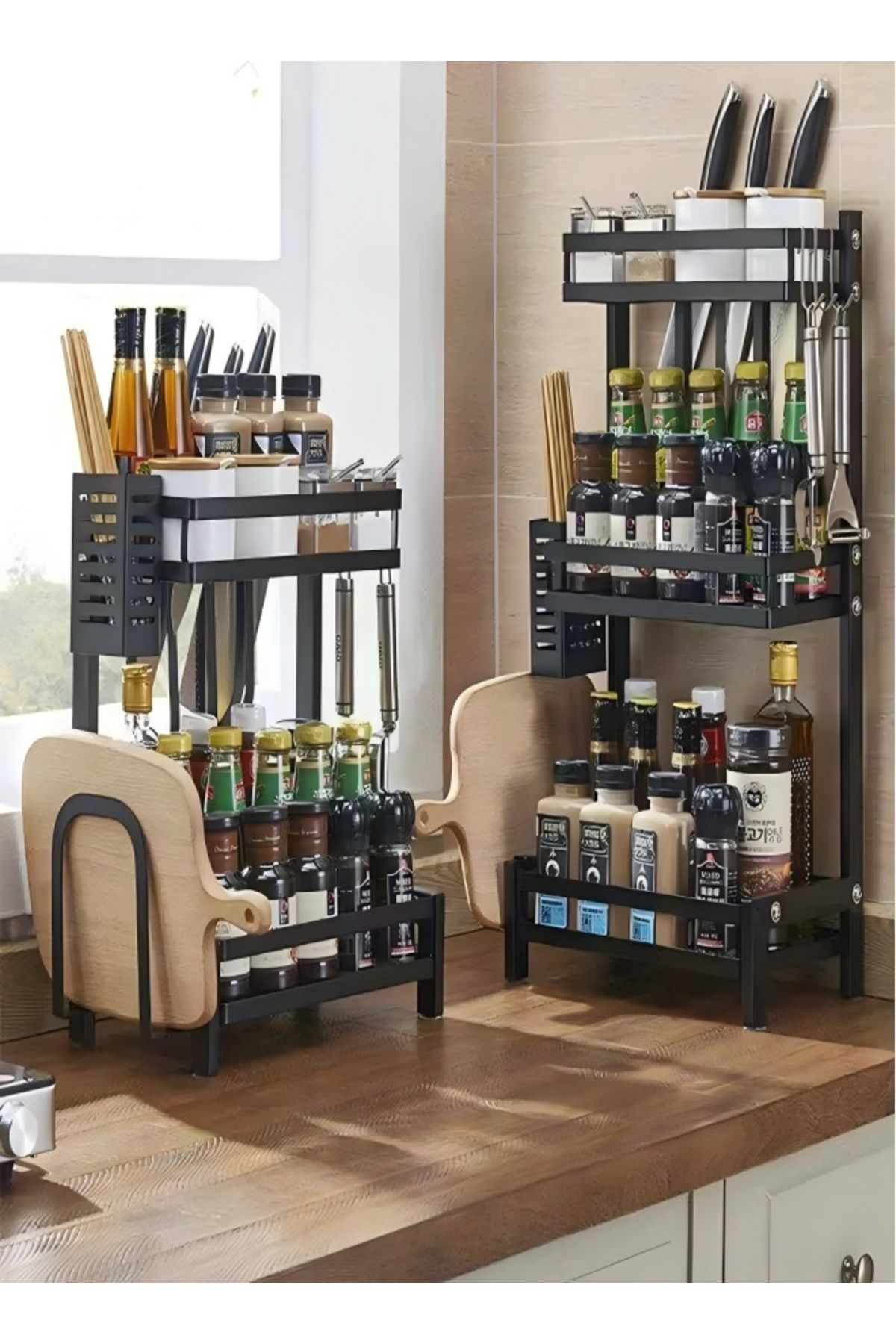 COOYA-Spice Rack Shelf Kitchen Organizer 3-Tier, Large Metal Standing Seasoning Jar with Hooks 5