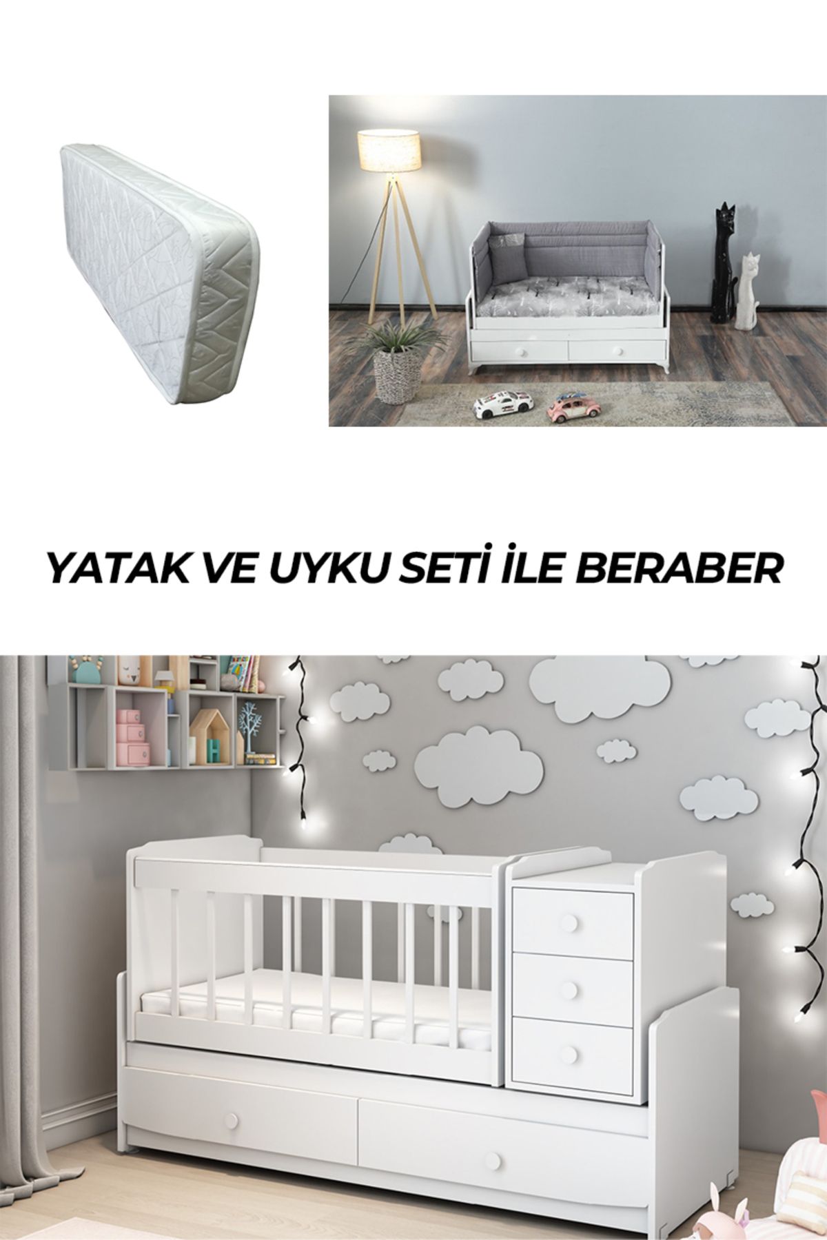 PATİKO FURNİTURE MS 290 BEYAZ BÜYÜYEBİLEN SALLANAN BEŞİK YATAK VE UYKU SETİ İLE BİRLİKTE