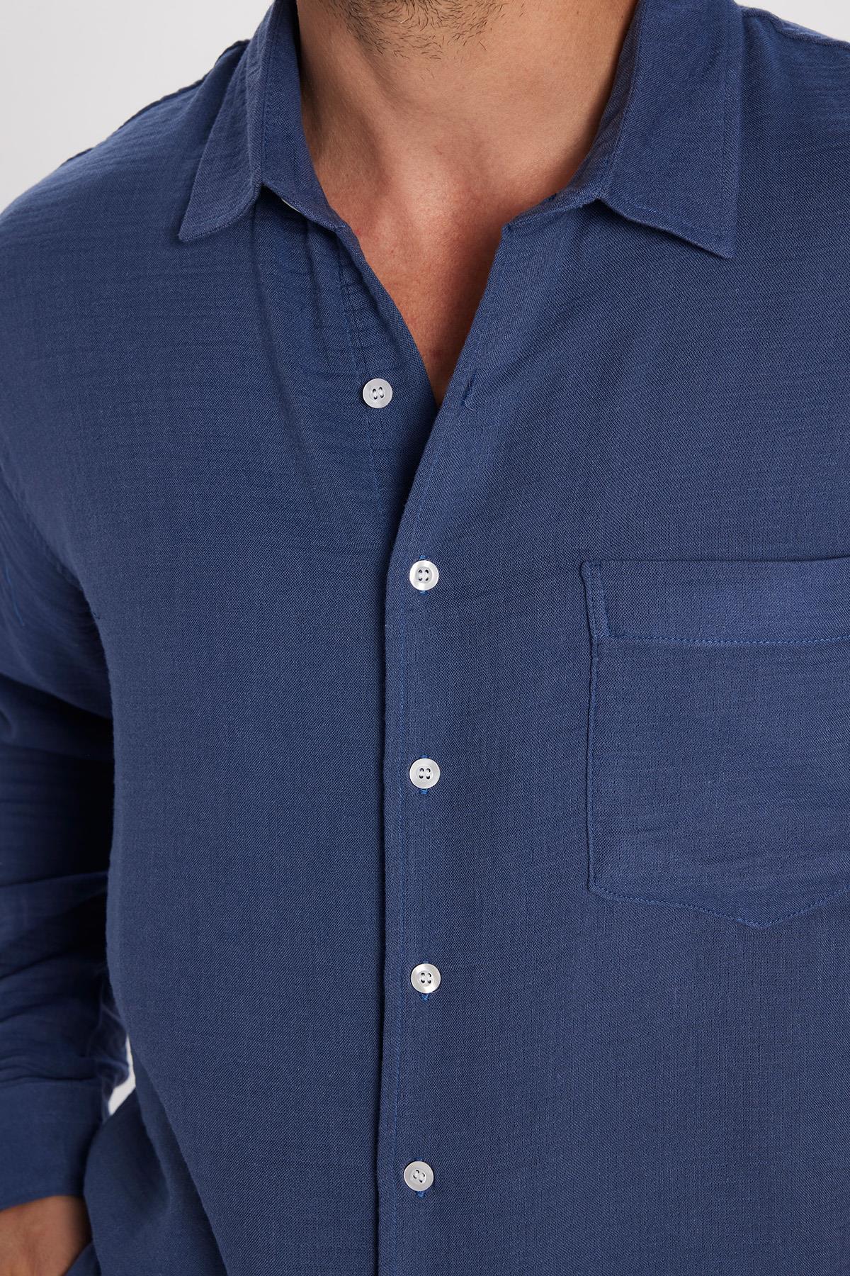 Tudors  Erkek Relax Fit Rahat Kesim Oversize Müslin Viskon Pamuklu Tek Cepli Düz İndigo Gömlek - Görsel 4