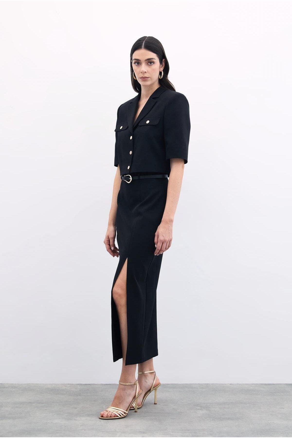 Sateen-Slit Belted Long Skirt - Black 2