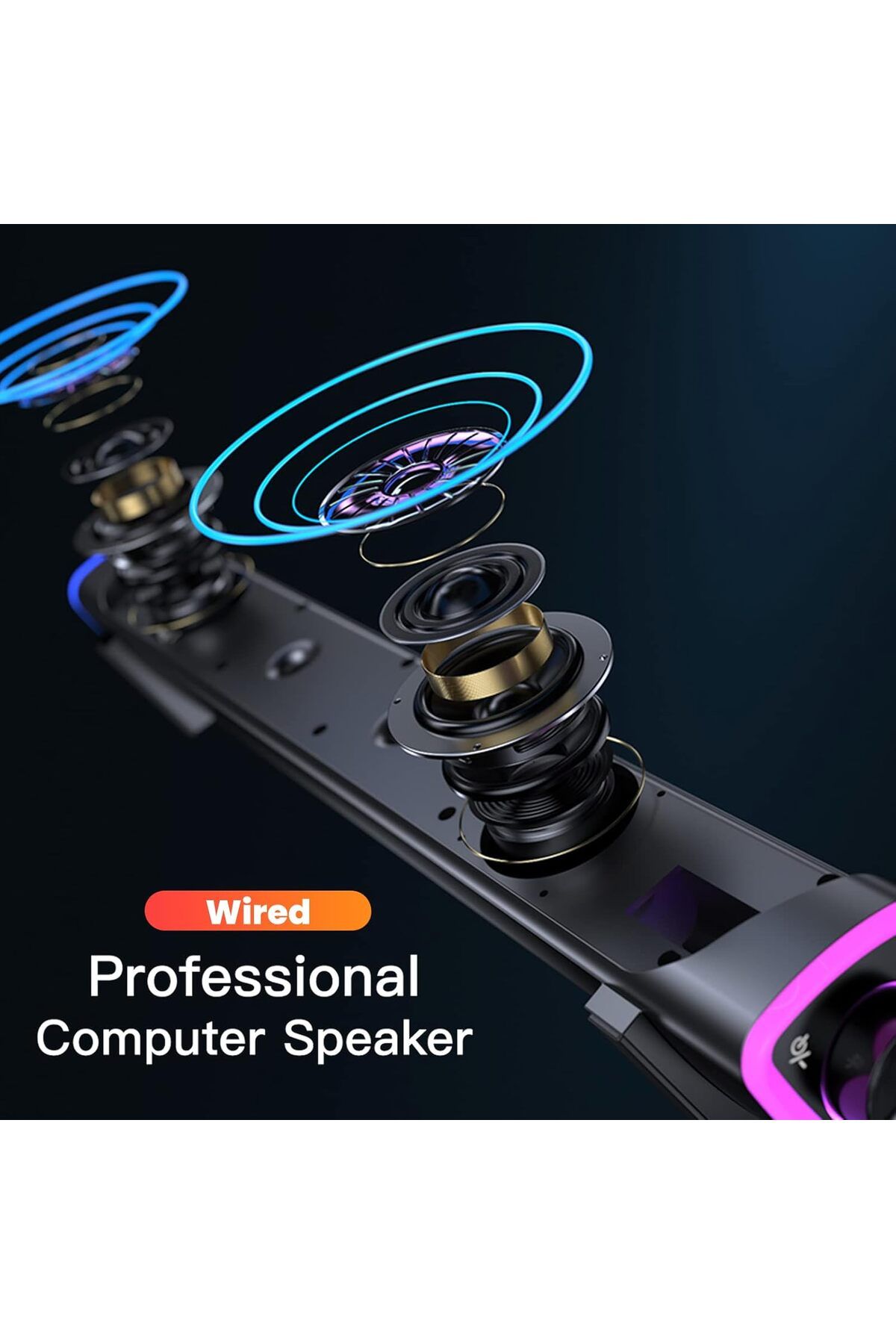 COOYA-مكبر صوت كمبيوتر سلكي بمنفذ USB، شريط صوت RGB، صوت محيطي ثلاثي الأبعاد مع مقبض للتحكم في مستوى الصوت ومدخل صوت 3.5 ملم 5