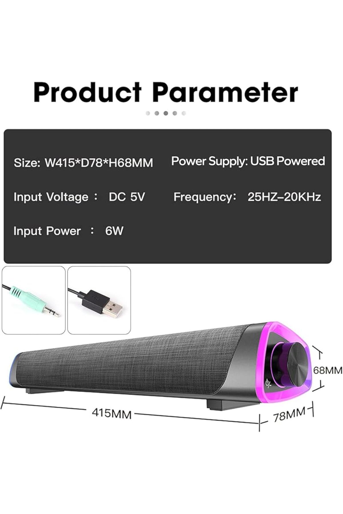 COOYA-مكبر صوت كمبيوتر سلكي بمنفذ USB، شريط صوت كمبيوتر RGB، صندوق صوت محيطي ثلاثي الأبعاد مع مقبض للتحكم في مستوى الصوت 7