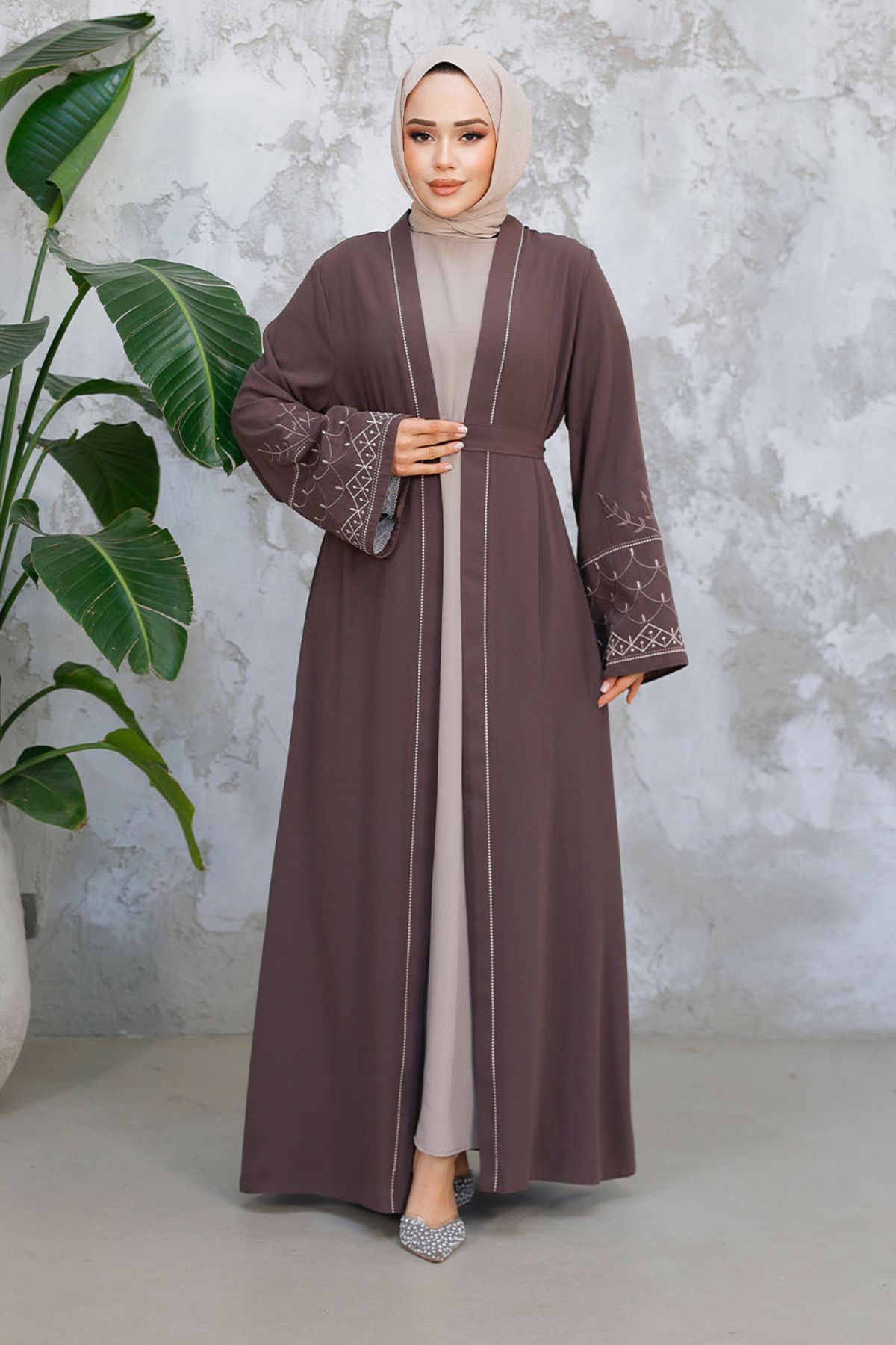Neva Style-Embroidery Patterned Brown Hijab Abaya Suit 29126Kh 2