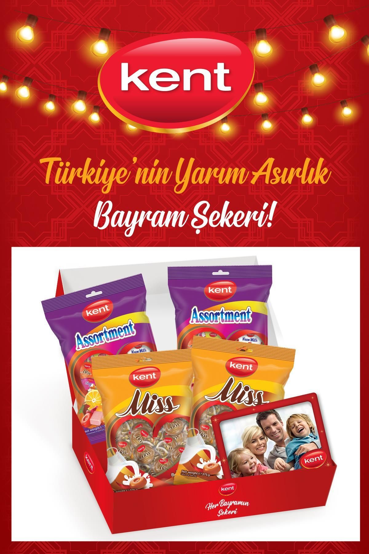 KENT Karışık Ve Misbon Sütlü Bayram Şekeri (375 GR X 4 ADET) Magnet Çerçeve Hediyeli