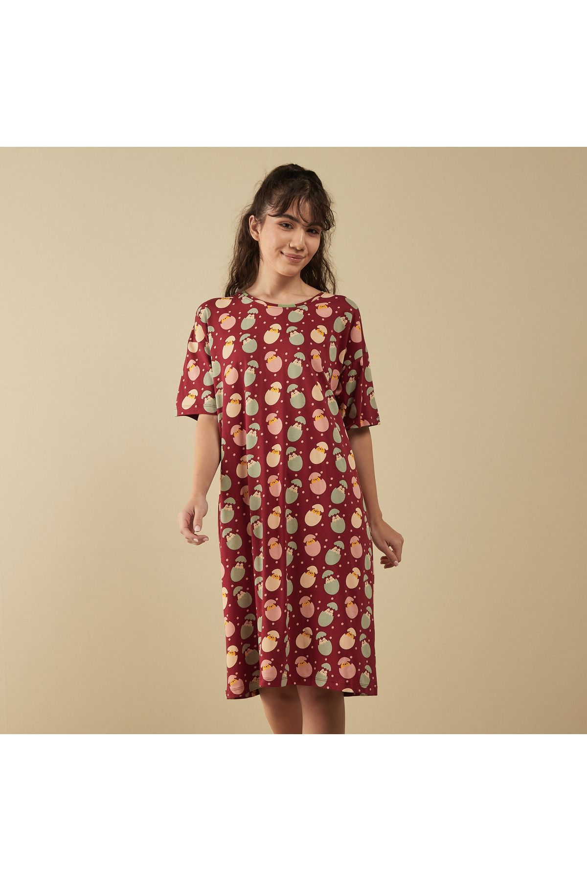 FAV-Printed Sleepshirt with Round Neck and Short Sleeves 1