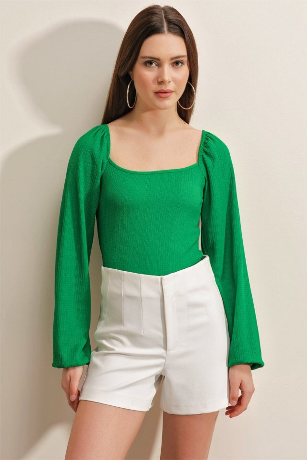 moda wanilia 0465 Balon Kollu Örme Bluz - Yeşil