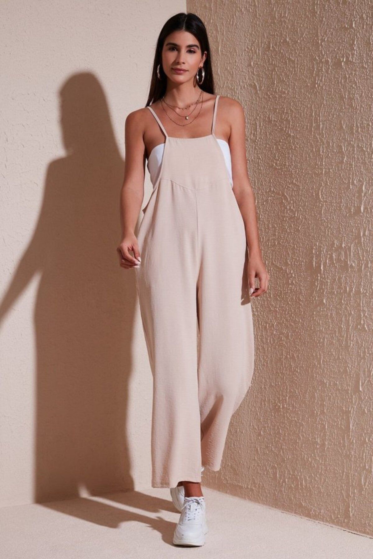 ASFSTORE 7019 Askılı Bahçivan Tulum - Krem
