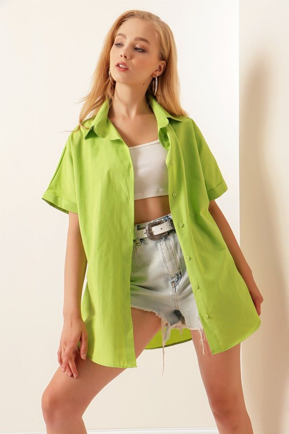 Gökyüzü Moda 20120 Oversize Kısa Kollu Gömlek - A.Yeşil