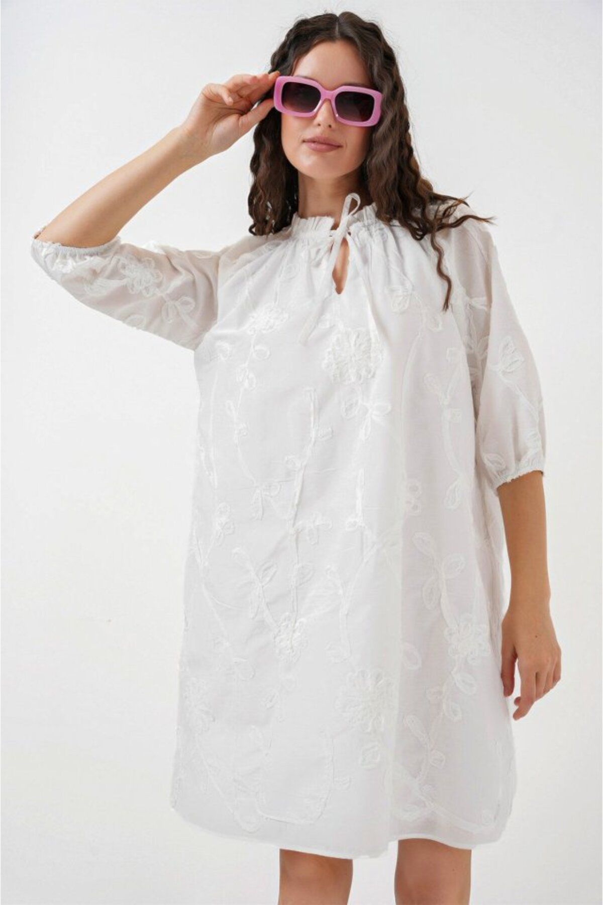 moda wanilia Desenli Kısa Elbise 2528 - Beyaz
