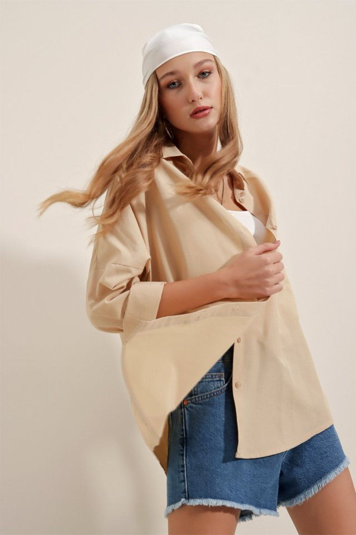 moda wanilia 3900 Oversize Uzun Basic Gömlek - Bej
