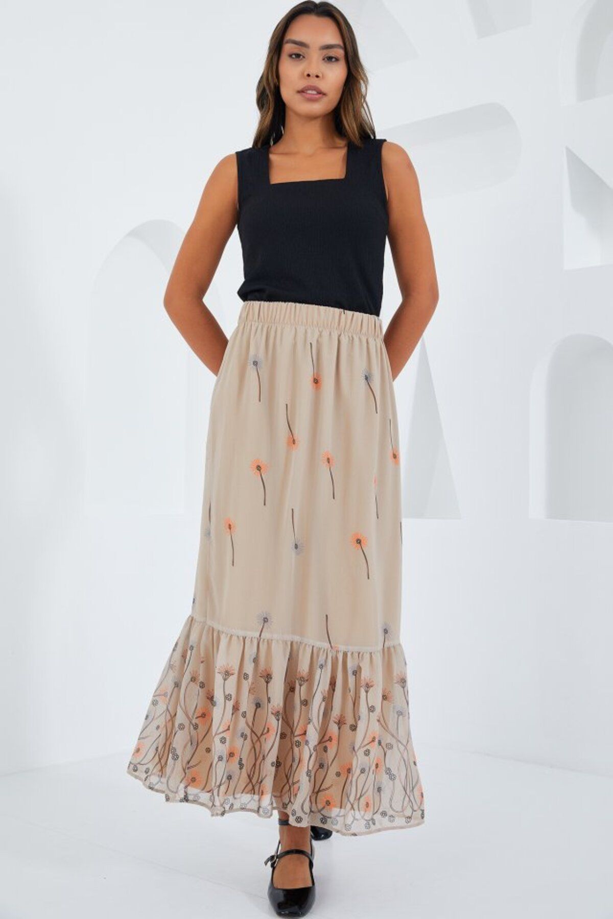 moda wanilia Krem Desenli Şifon Etek 8010