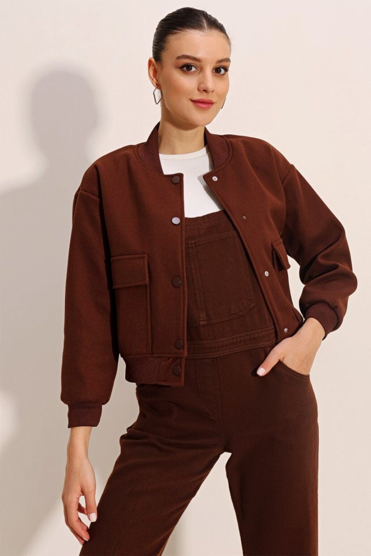 GE TİCARET 0688 Çift Cepli Bomber Ceket - Kahverengi
