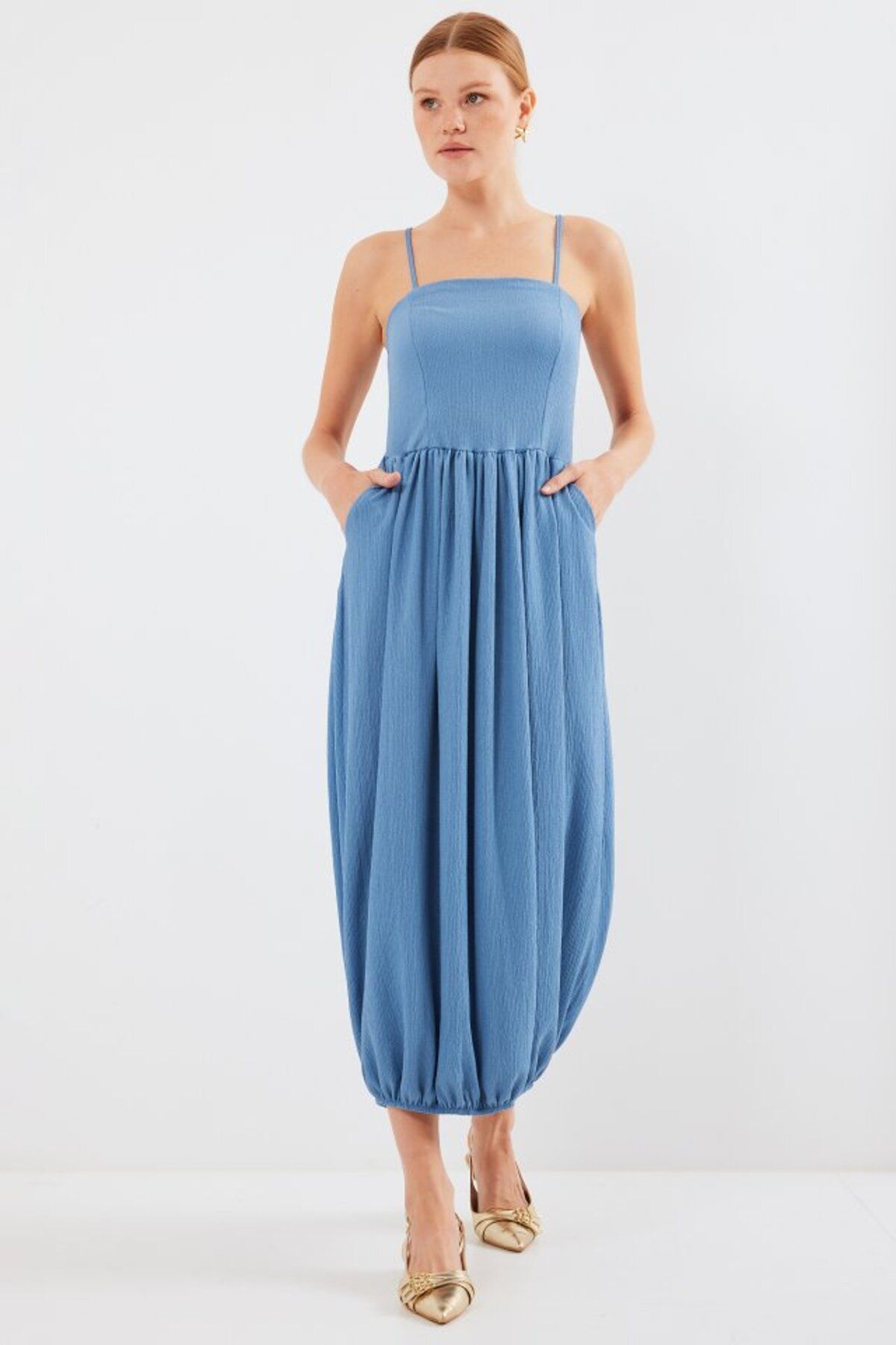 moda wanilia 2492 Askılı Örme Salopet Elbise - İndigo