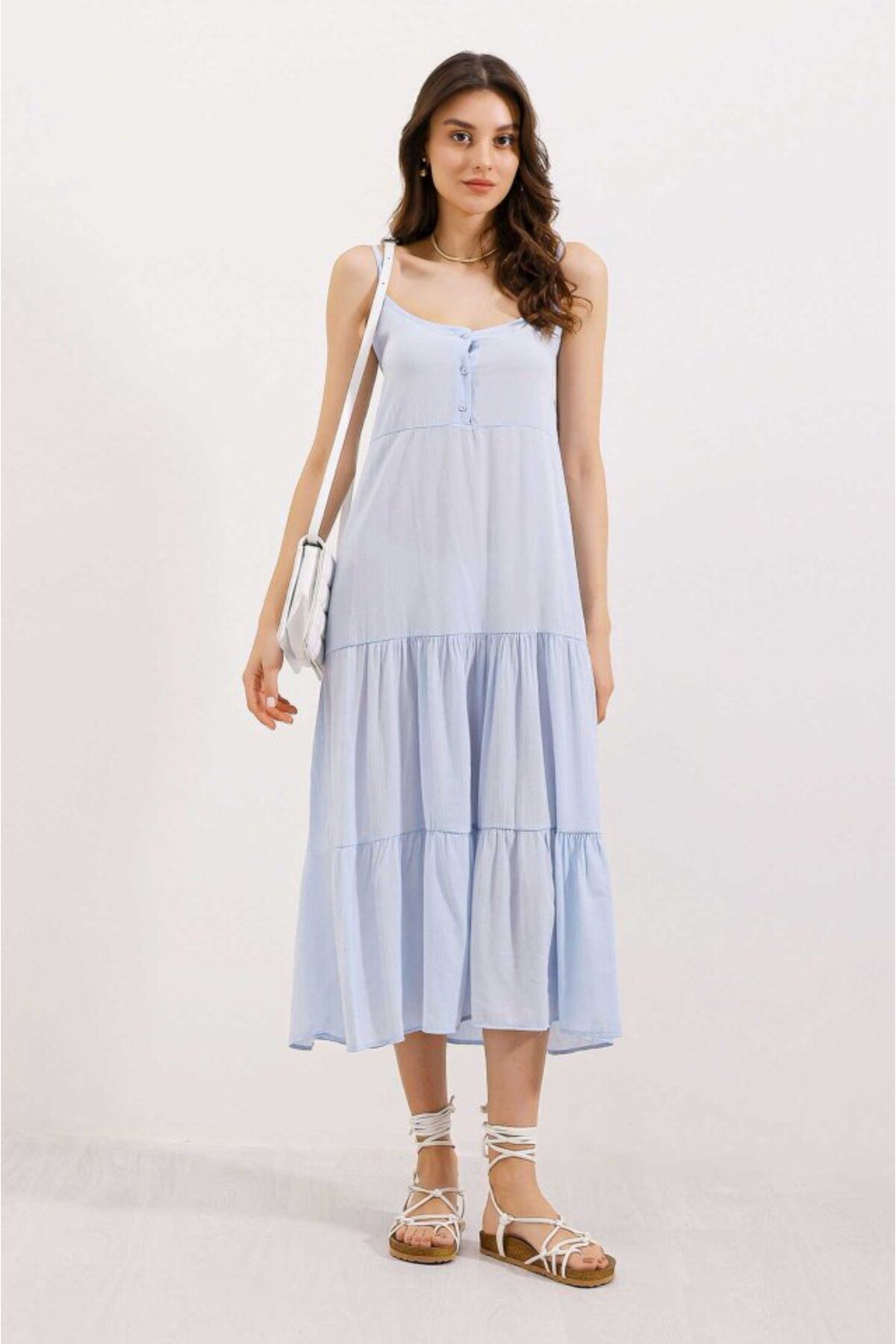 moda wanilia 2403 Askılı Midi Elbise - Mavi