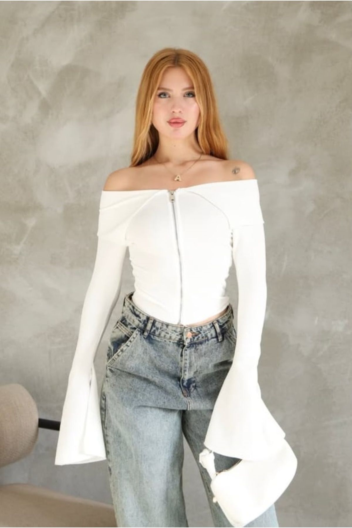 Gugus-Women's Trend Open Shoulder Madonna Spanish Sleeve Zippered Kayik Collar Cardigan Krop 4
