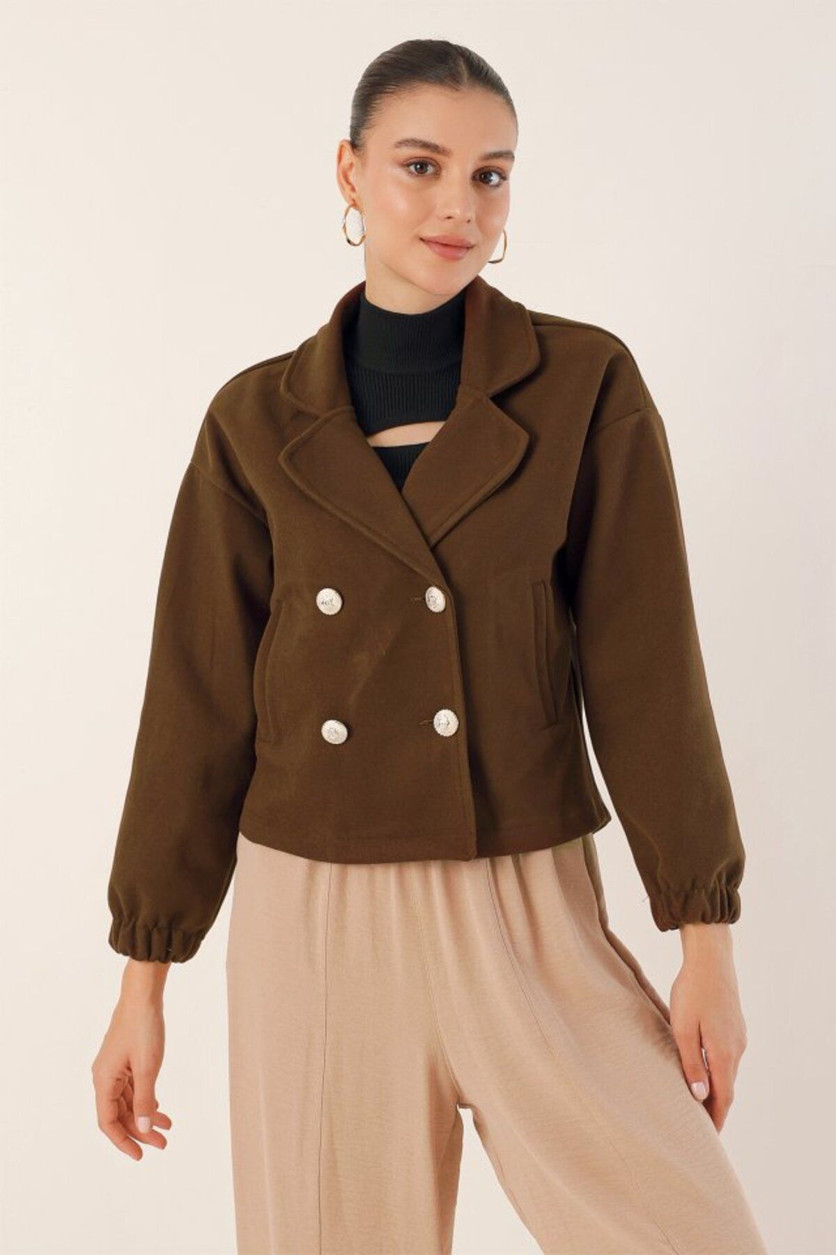 moda wanilia 9117 Kruvaze Yaka Crop Ceket - Kahverengi
