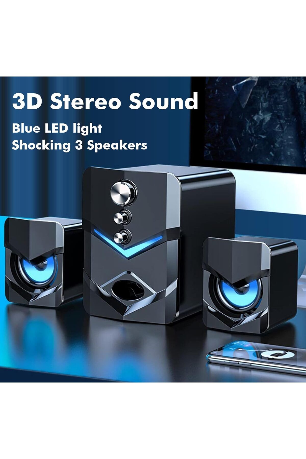 COOYA-Computer Speaker, Subwoofer USB-Powered 2.1 Stereo Multimedia with LED Light 3.5mm Audio Input 4
