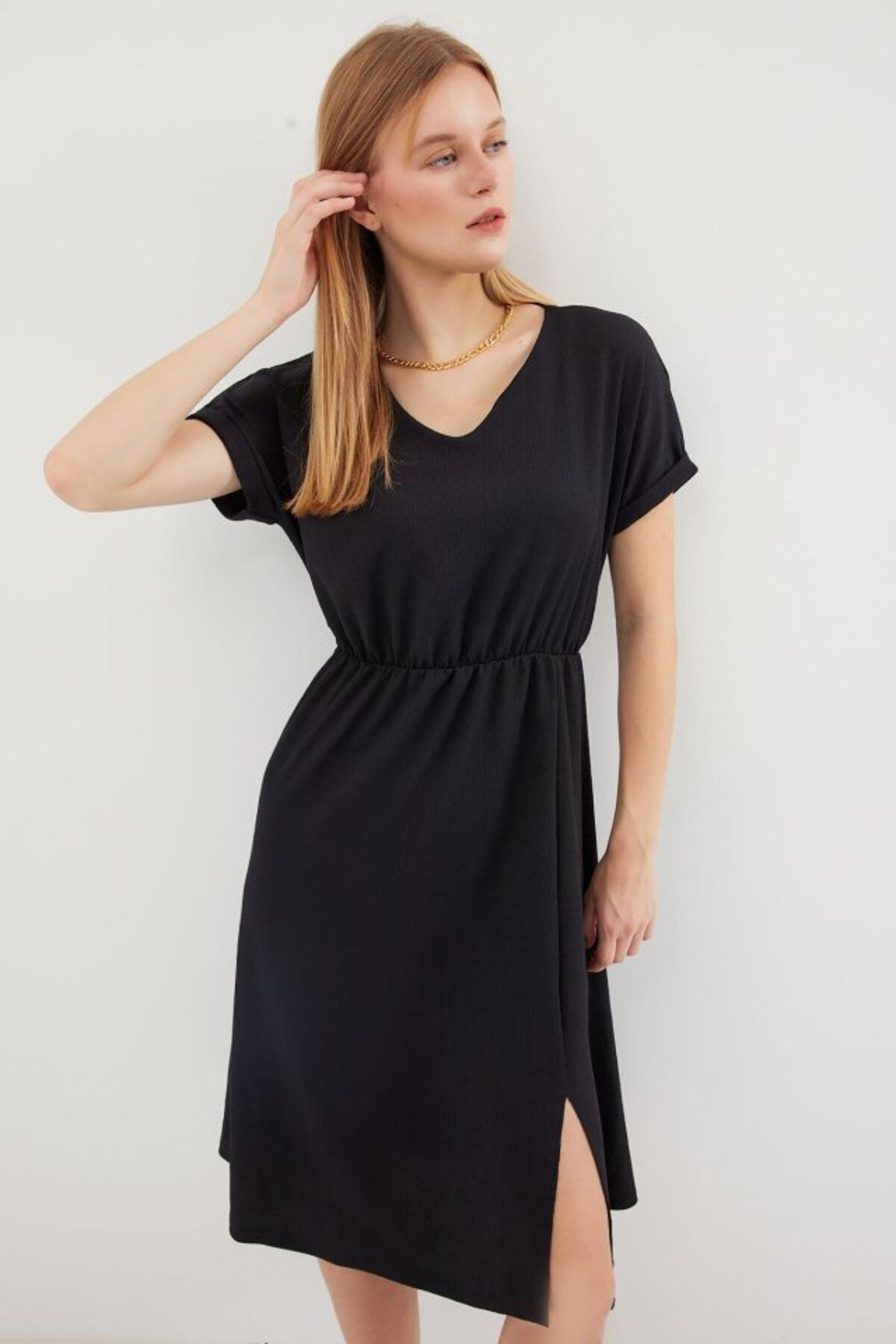 ASFSTORE 2378 V Yaka Yırtmaçlı Örme Elbise - Siyah