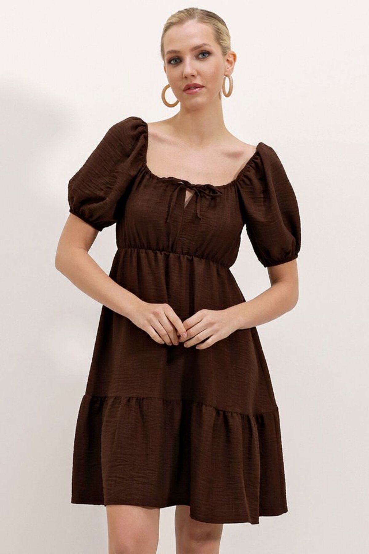 moda wanilia 2351 Kloş Poplin Elbise - A.Kahve