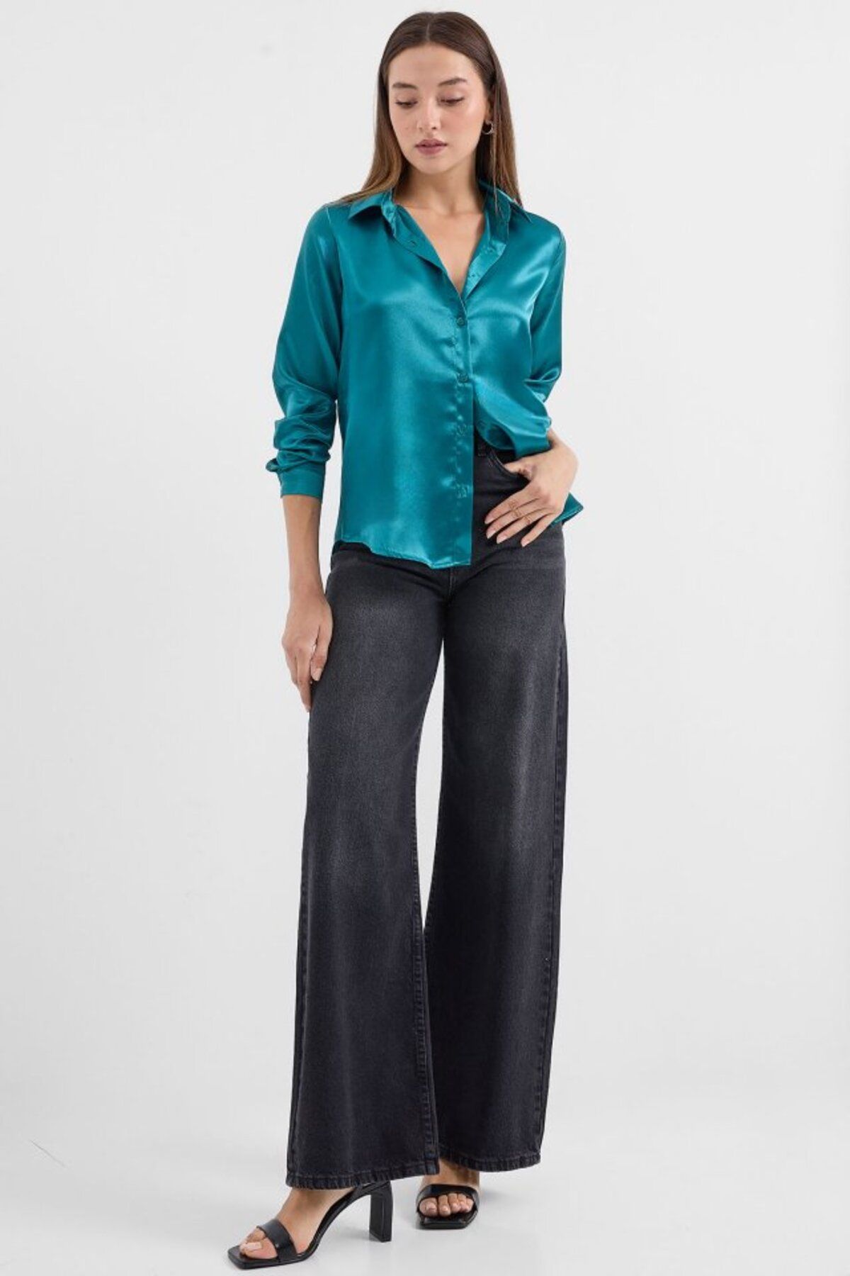 Simala-3964 Lightweight Draped Satin Shirt - A.Green 2