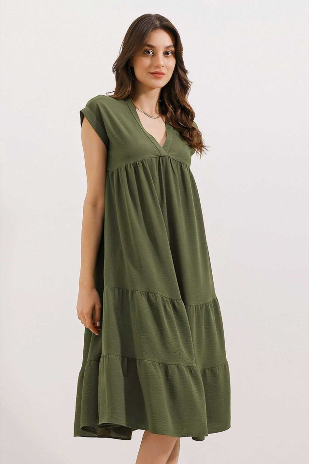 ASFSTORE 2398 V Yaka Volanlı Elbise - Haki