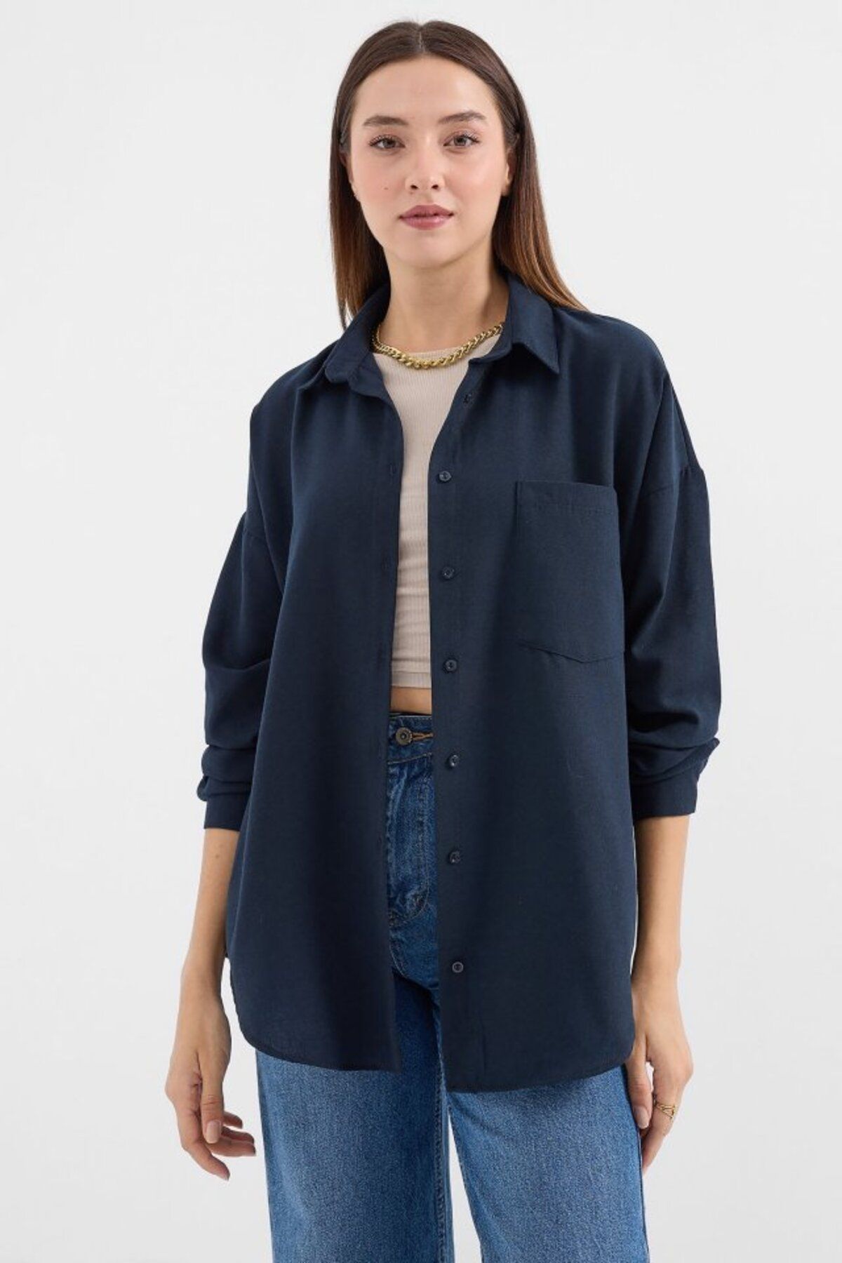 Gökyüzü Moda 20153 Tek Cepli Oversize Keten Gömlek - Lacivert
