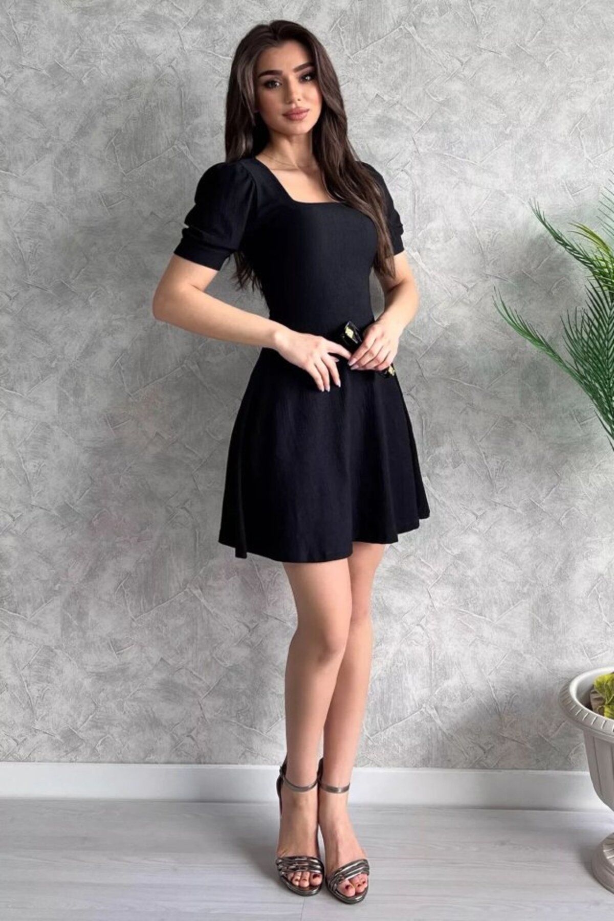 ASFSTORE Bigdart 2339 Kare Yaka Örme Elbise - Siyah